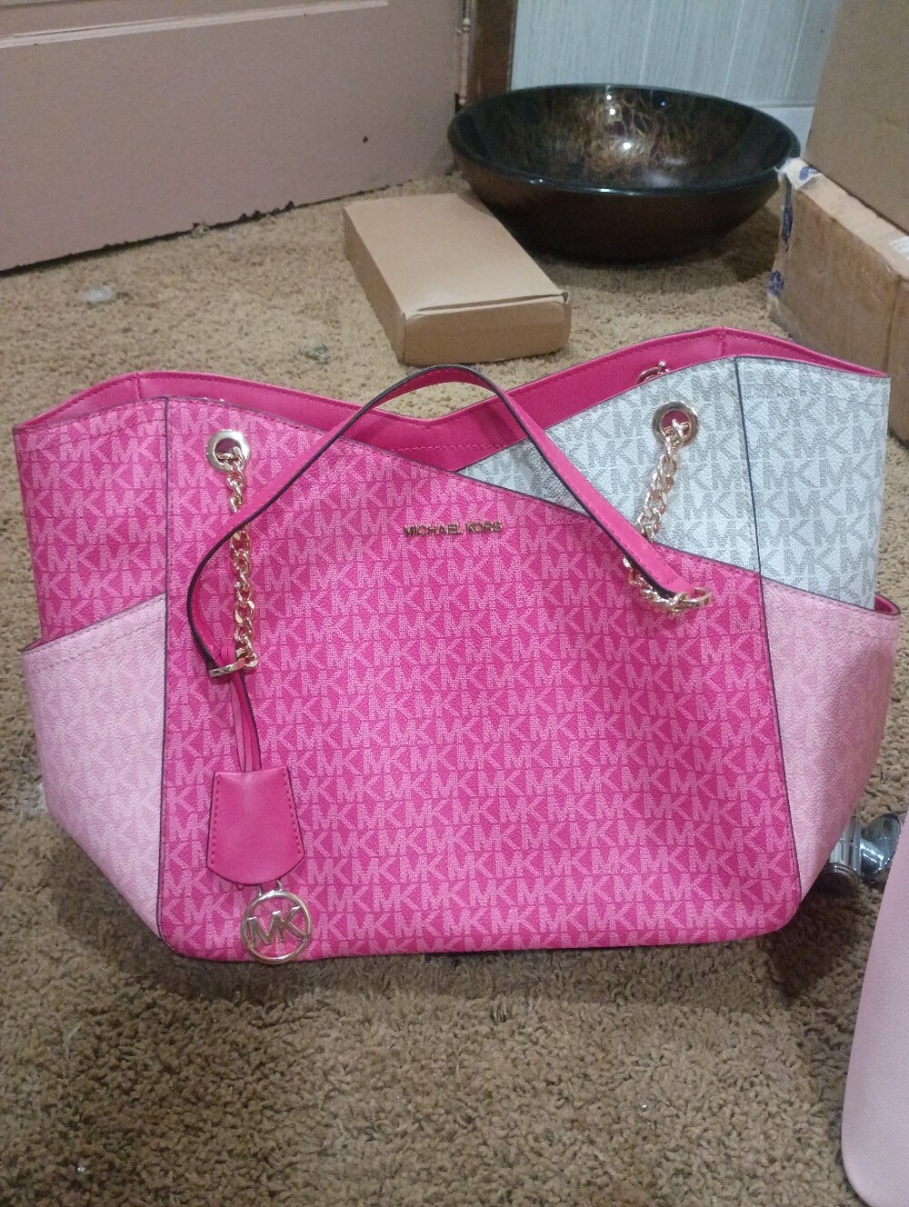 Michael Kors Pink MK Logo Colorblock Tote
